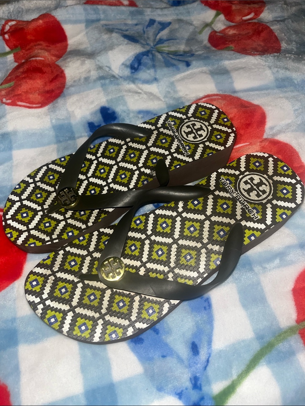 Tory Burch Black-Strap Geometric Pattern Flip Flops